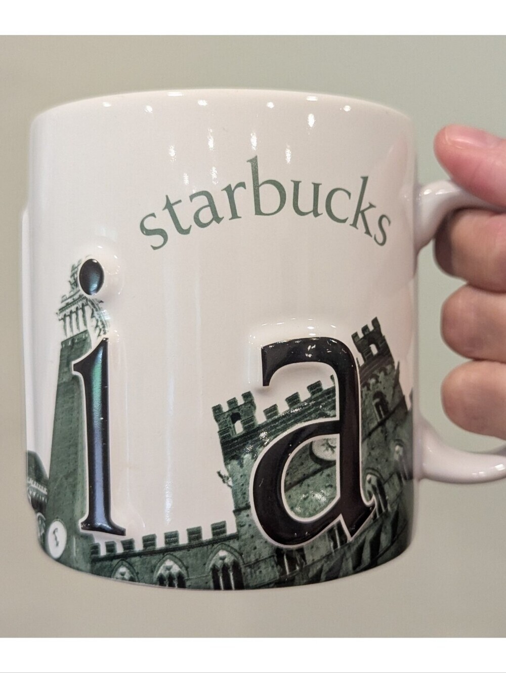 Starbucks Italian Flavian Ampitheater ATLANTA Green Embossed Ceramic Mug